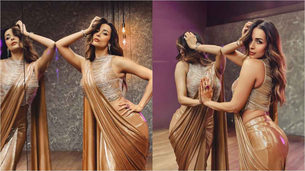 Malaika Arora serves golden diva vibes in Sonaakshi Raaj’s liquid gold saree with tasseled blouse (PC: Sonaakshi Raaj Instagram)