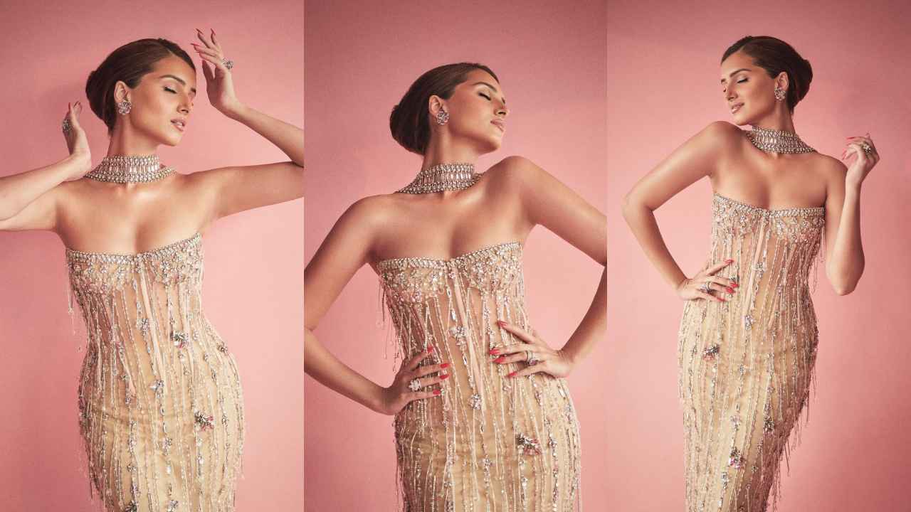 Tara Sutaria revives 1920’s flapper dress trend with a nude-colored bejeweled tulle tube dress