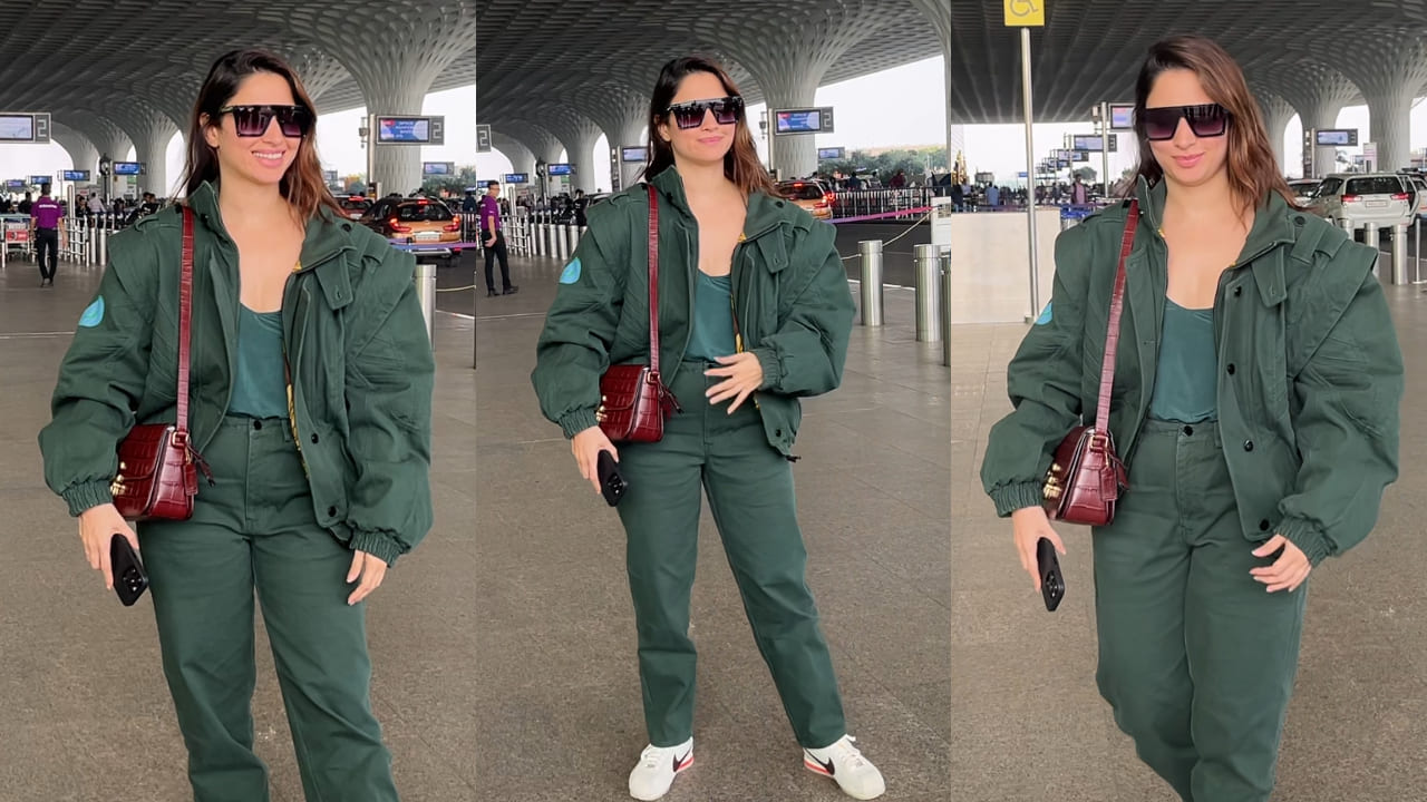 Tamannaah Bhatia in dark green co-ord airport look