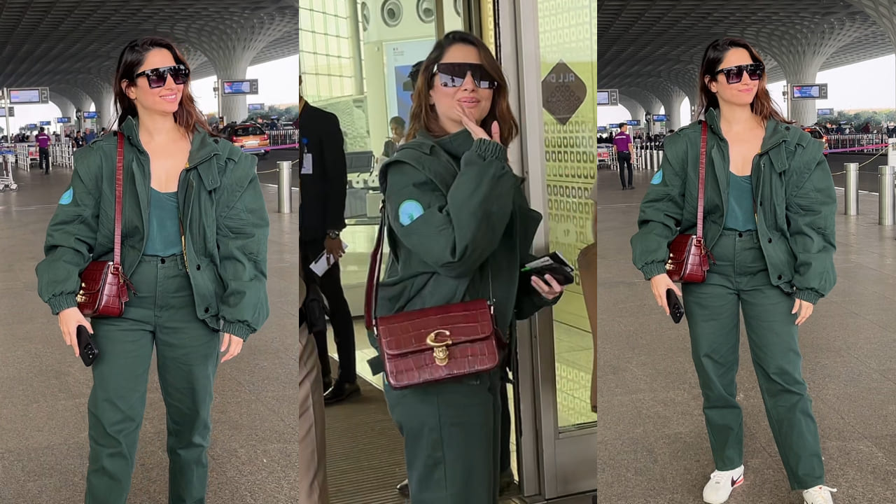 Tamannaah Bhatia in dark green co-ord airport look with luxurious bag