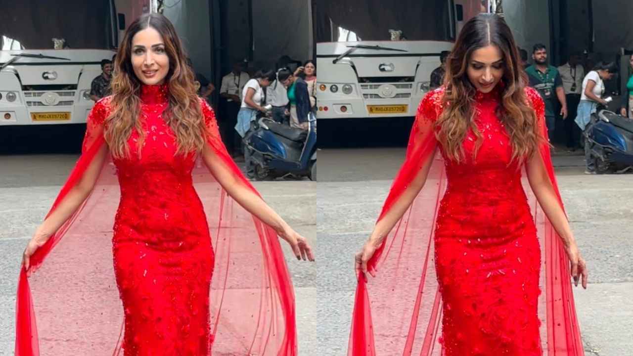 Malaika Arora transforms into not-so-little red riding hood with embellished red caped gown (PC: Viral Bhayani)
