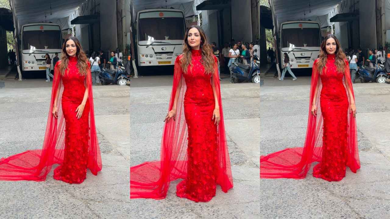 Malaika Arora transforms into not-so-little red riding hood with embellished red caped gown (PC: Viral Bhayani)