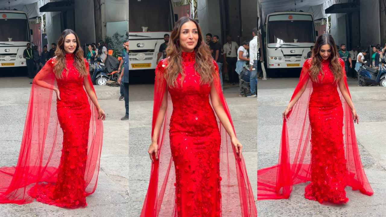 Malaika Arora transforms into not-so-little red riding hood with embellished red caped gown (PC: Viral Bhayani)