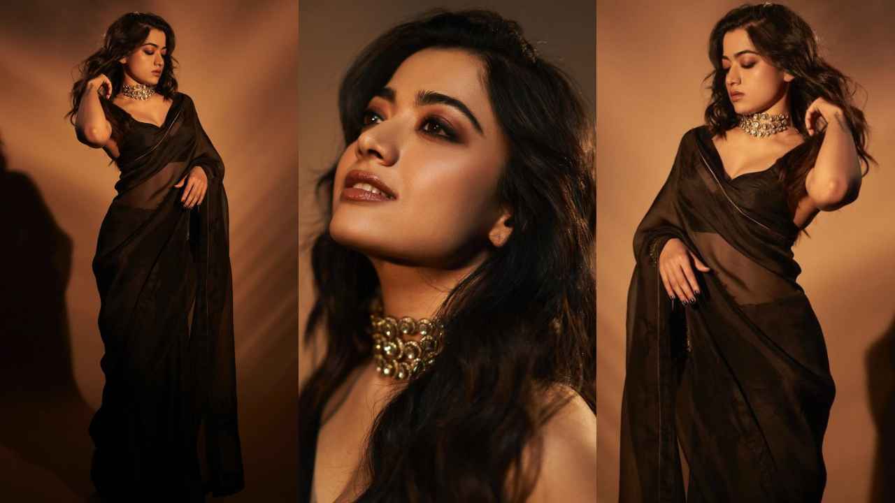 Rashmika Mandanna shows how to elevate sheer black saree with a statement necklace