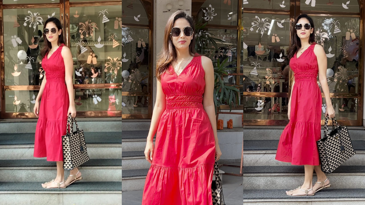 Mira Rajput in red midi dress ensemble style
