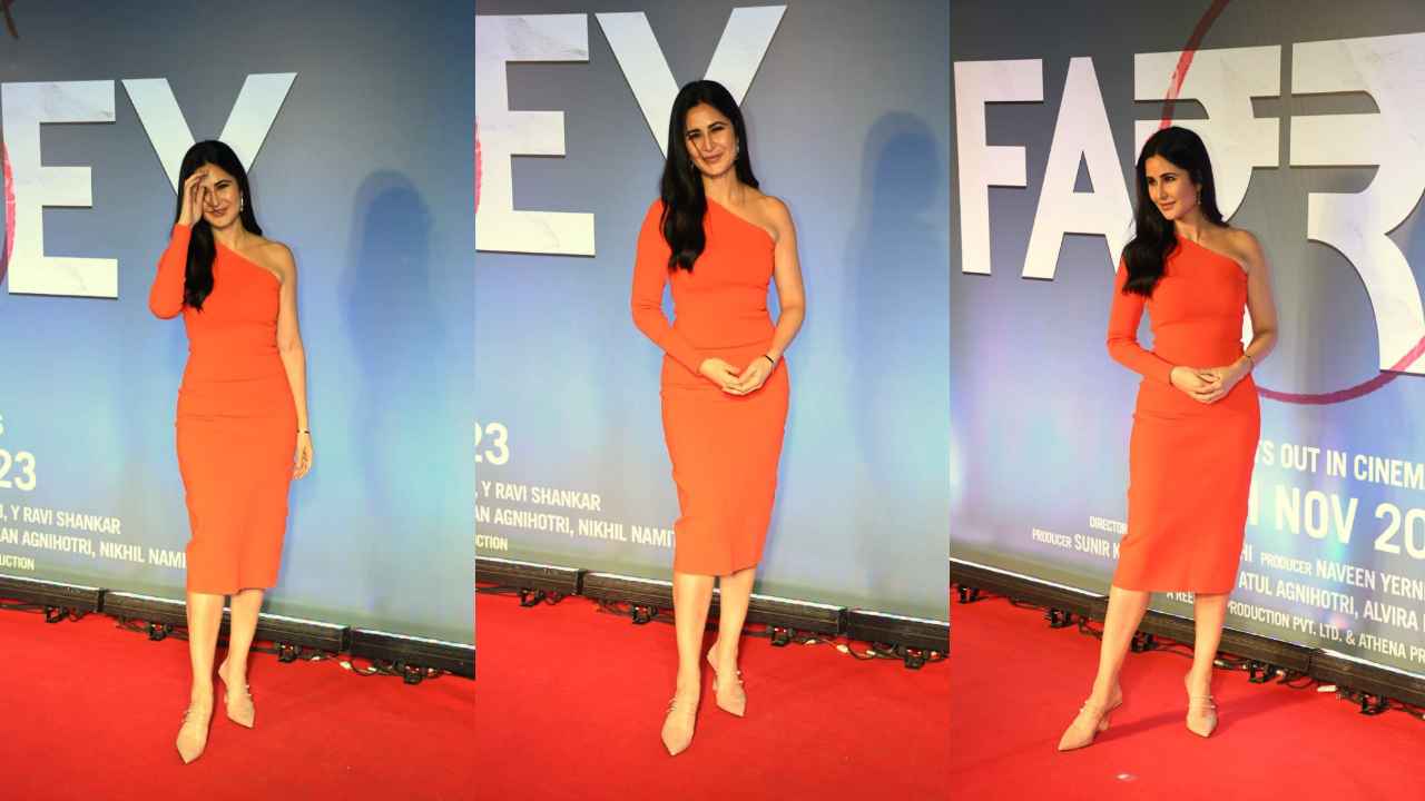 Katrina Kaif’s bright red form-fitting Victoria Beckham midi dress is made for day-to-night elegance (PC: Viral Bhayani)