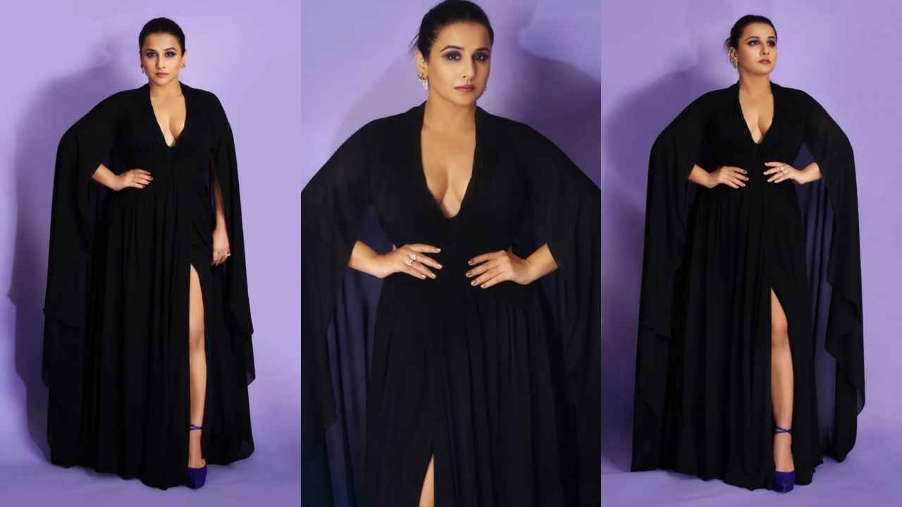 Vidya Balan personifies HOTNESS in black kaftan-like gown with V-shaped plunging neckline and a sexy side slit (PC: Rohn Pingalay)