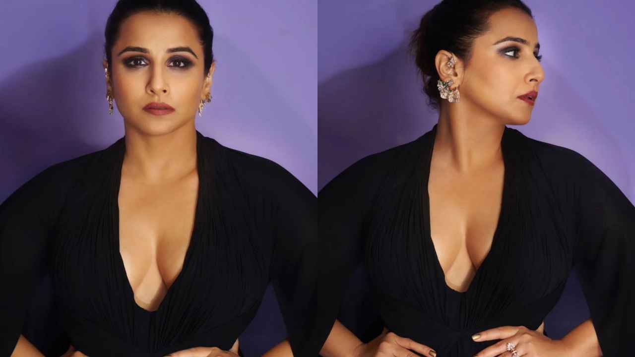 Vidya Balan personifies HOTNESS in black kaftan-like gown with V-shaped plunging neckline and a sexy side slit (PC: Rohn Pingalay)