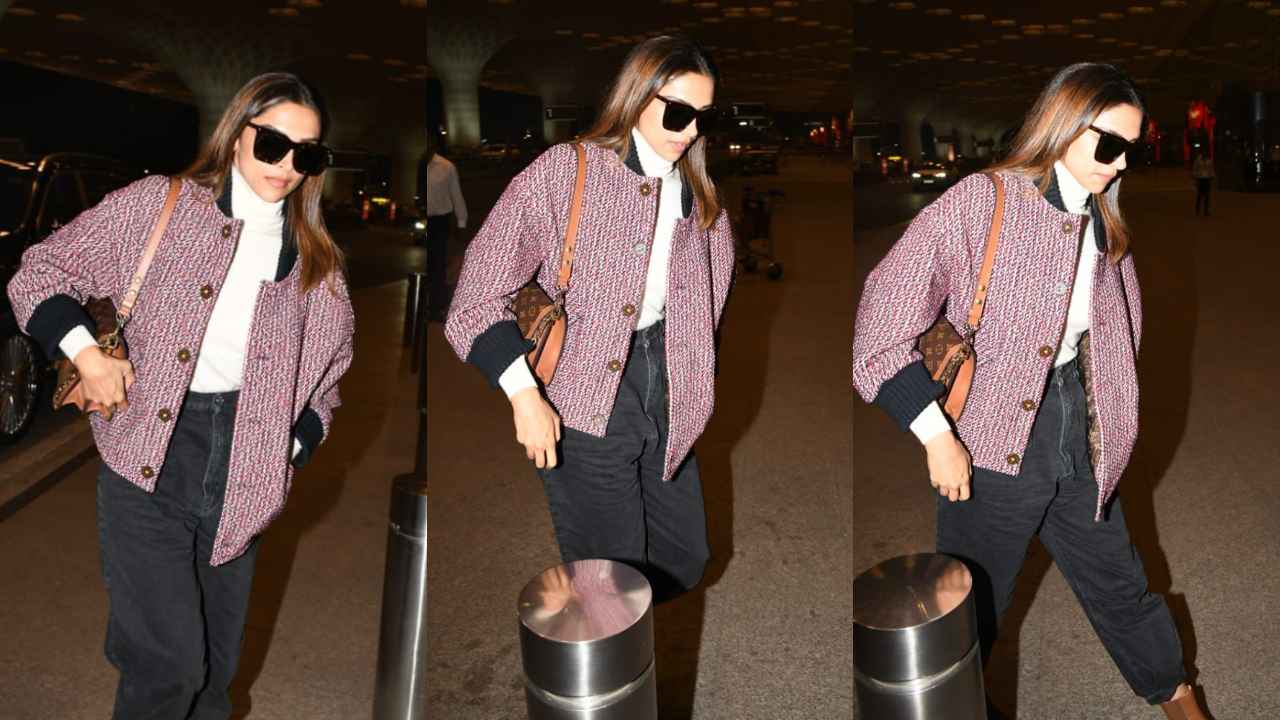 Deepika Padukone makes a statement by layering her airport fit with Rs. 4.15 lacs red oversized tweed jacket (PC:: Viral Bhayani)