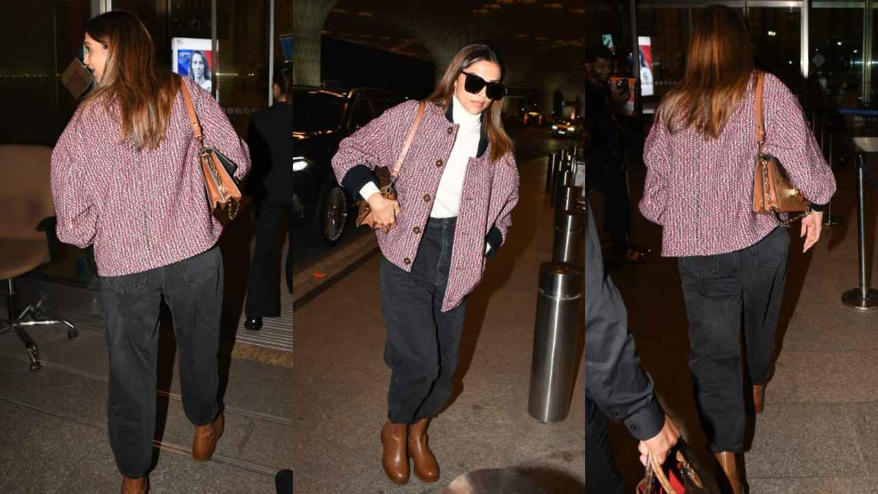 Deepika Padukone makes a statement by layering her airport fit with Rs. 4.15 lacs red oversized tweed jacket (PC:: Viral Bhayani)