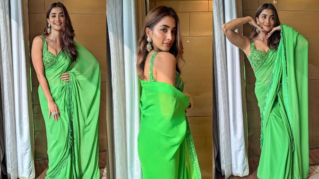 Pooja Hegde in green ensemble with dome shape jhumkas