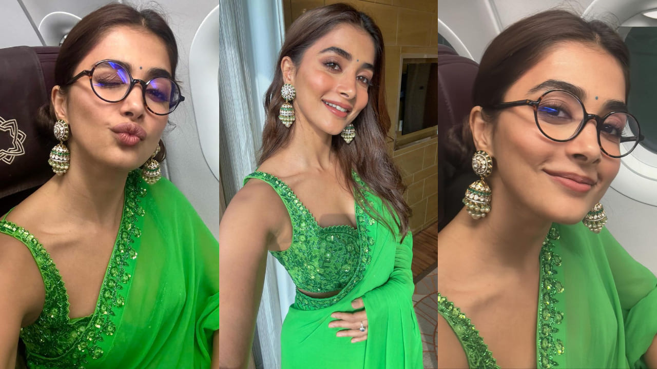 Pooja Hegde in green ensemble with jhumkas with makeup and hair