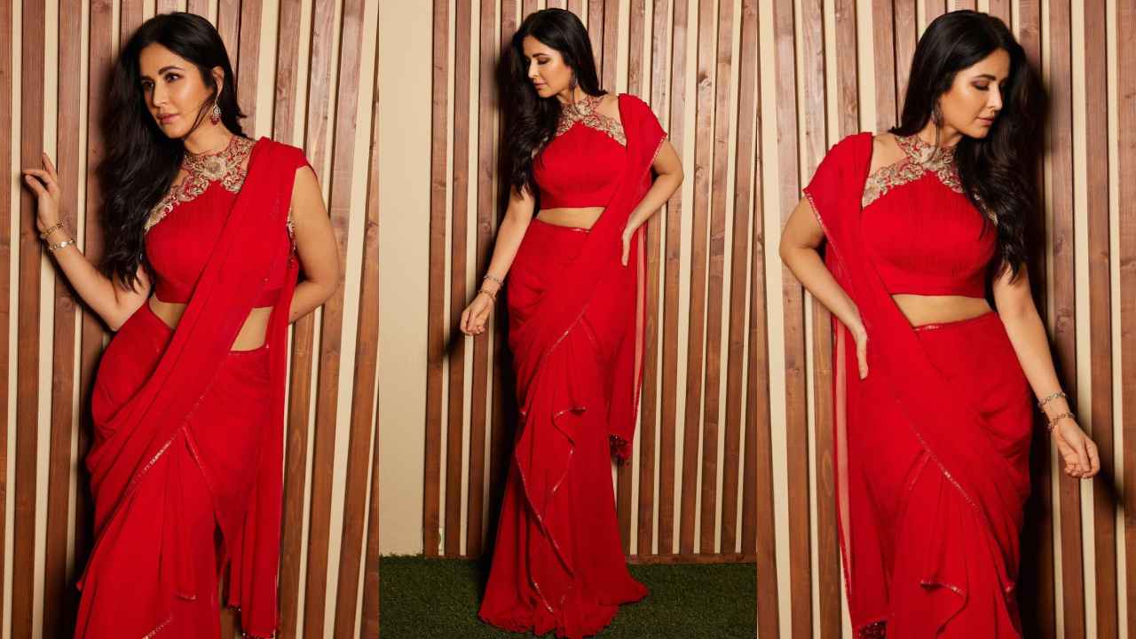 Katrina Kaif’s Tarun Tahiliani saree with halter-neck blouse is the answer to all your wedding season needs (PC: Ami Patel Instagram)