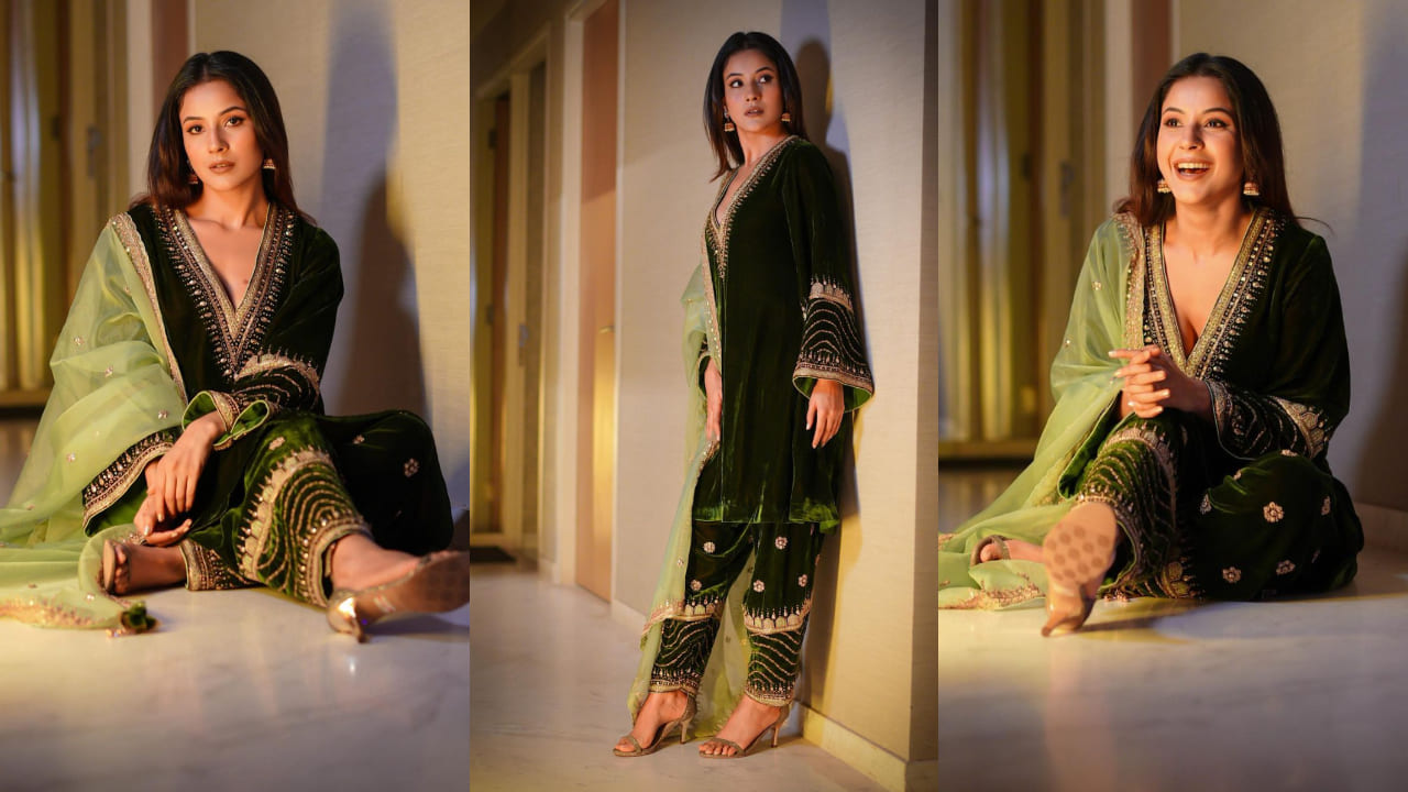 Shehnaaz Gill in mehendi green velvet kurta suit with green dupatta style