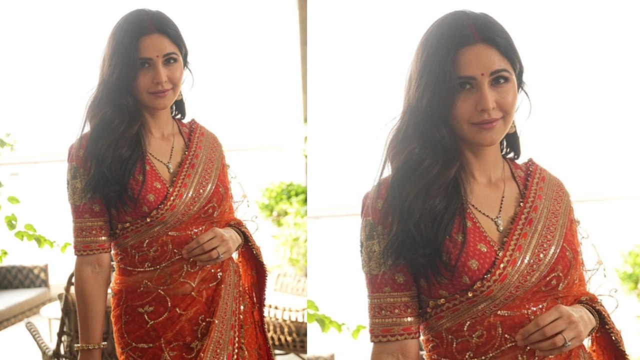 Katrina Kaif, the beautiful Bollywood star, dresses up for Karva Chauth in a red saree. (PC: Katrina Kaif Instagram)