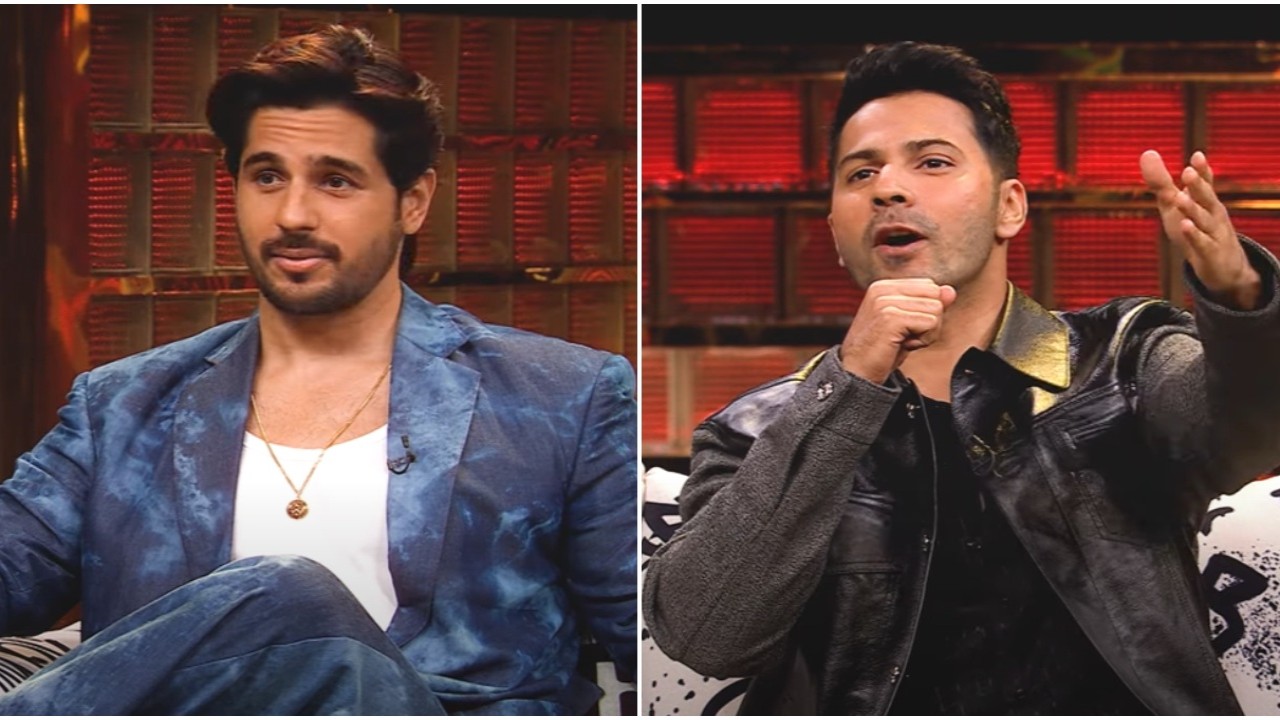 Varun Dhawan and Sidharth Malhotra’s Koffee with Karan 8 promo (Pic Courtesy: Disney+ Hotstar YouTube) Koffee with Karan 8 Promo: SOTY boys Varun Dhawan, Sidharth Malhotra have new name for KJo; ‘Karan Johar Ghar Tode’