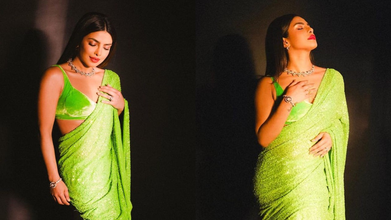 Priyanka Chopra attends Ambani's red carpet event in a neon green saree. (PC: Ami Patel Instagram)