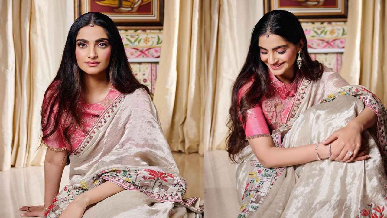 Sonam Kapoor Ahuja’s extravagant and regal elegance: The ivory saree that stole the show (PC: Viral Bhayani, Sonam Kapoor Instagram) Sonam Kapoor Ahuja, saree, Anavila, fashion, style