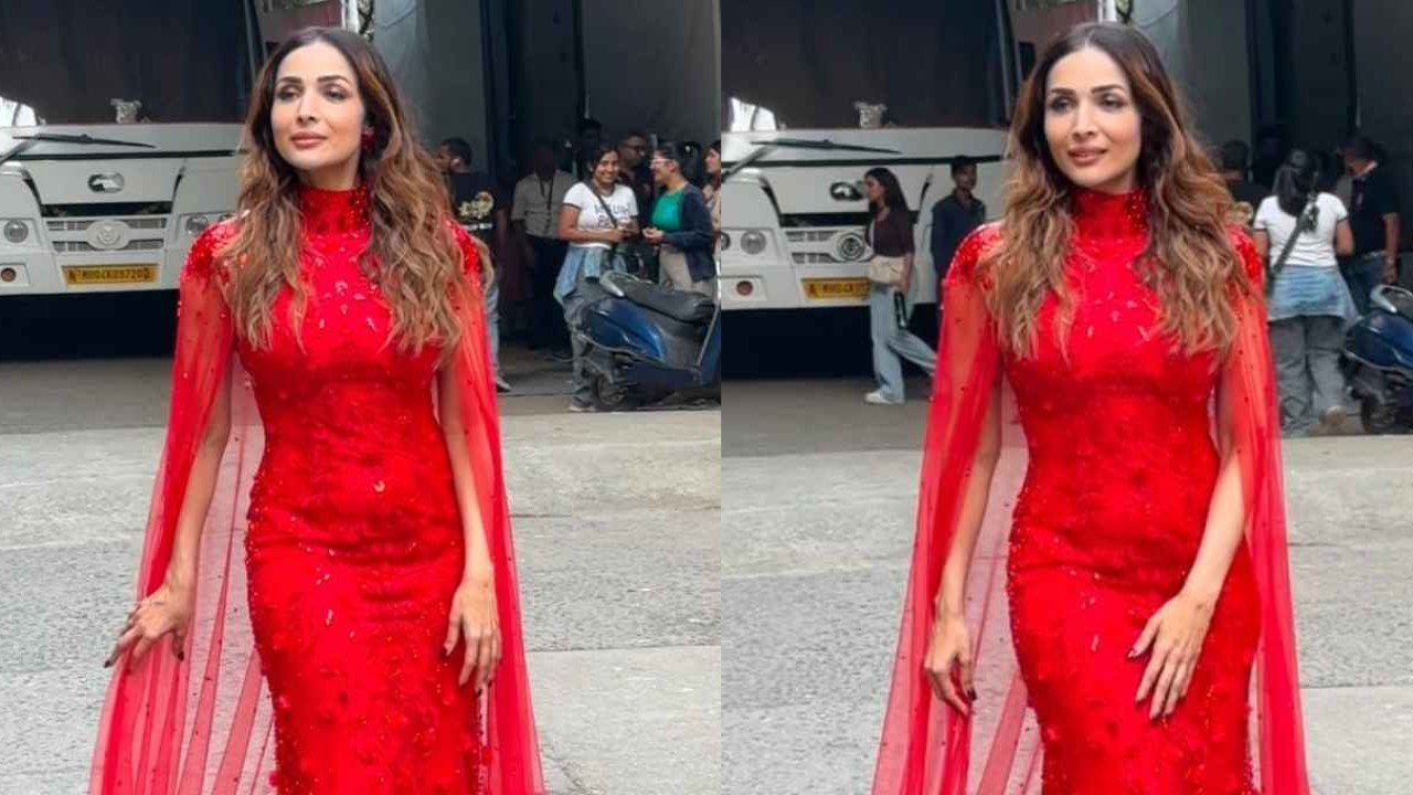 Malaika Arora transforms into not-so-little red riding hood with embellished red caped gown (PC: Viral Bhayani) Malaika Arora, Formal Wear, Gown, Style, Fashion