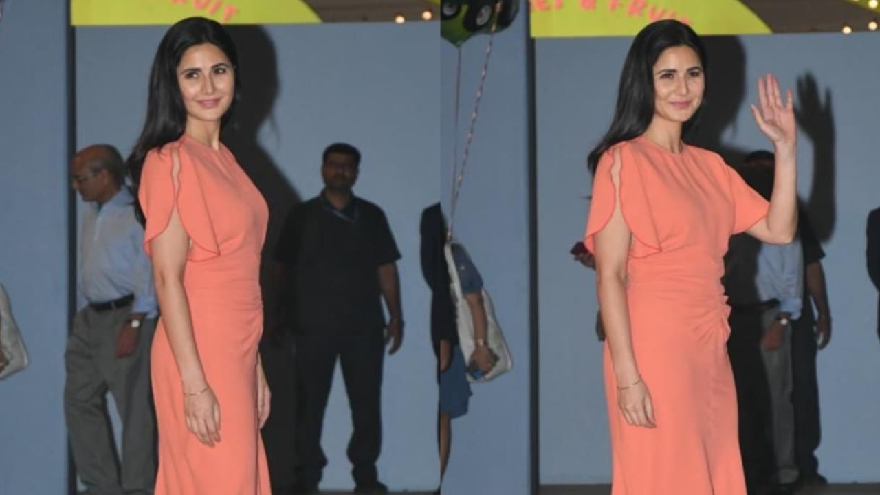 The beautiful actress Katrina Kaif attends Isha Ambai’s twins birthday bash in orange midi dress. (PC: Viral Bhayani) Katrina Kaif style fashion