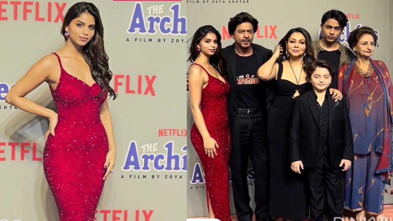 Shah Rukh Khan dons The Archies t-shirt to support daughter Suhana Khan; arrives with Aryan-AbRam, Gauri for special screening