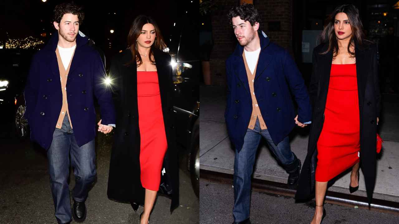 Priyanka Chopra styles red tube midi with classy trench coat on wedding anniversary date with Nick Jonas (PC: Getty Images)