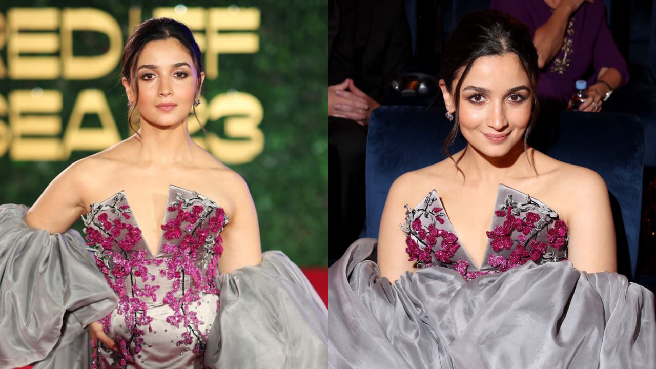 Alia Bhatt fashion style grey gown hair and makeup