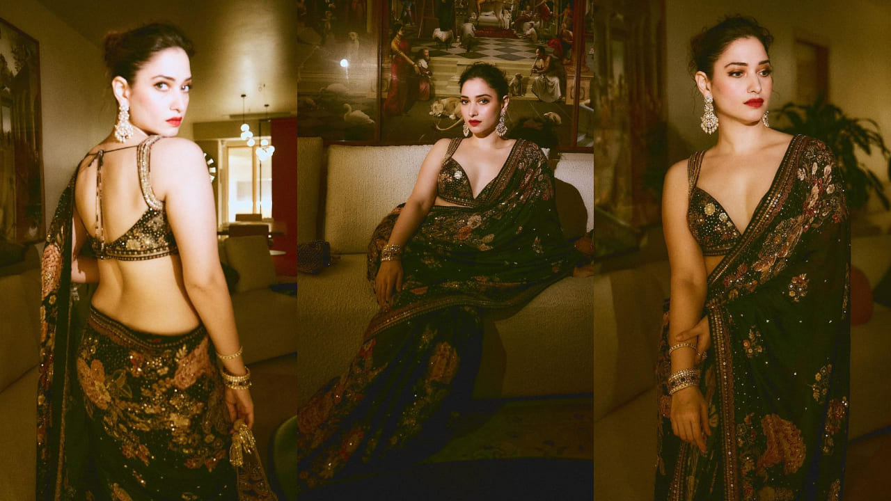 Tamannaah Bhatia style fashion black floral printed saree corset bustier style