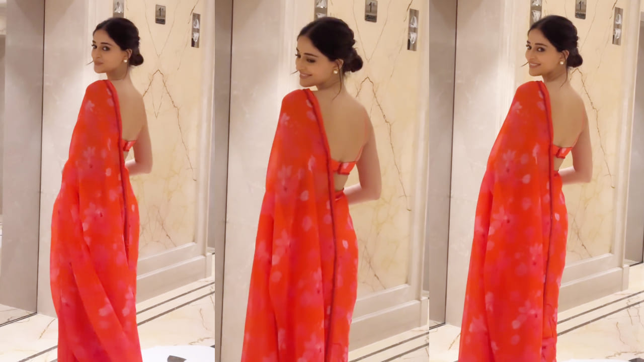 Ananya Panday in red saree with messy bun look