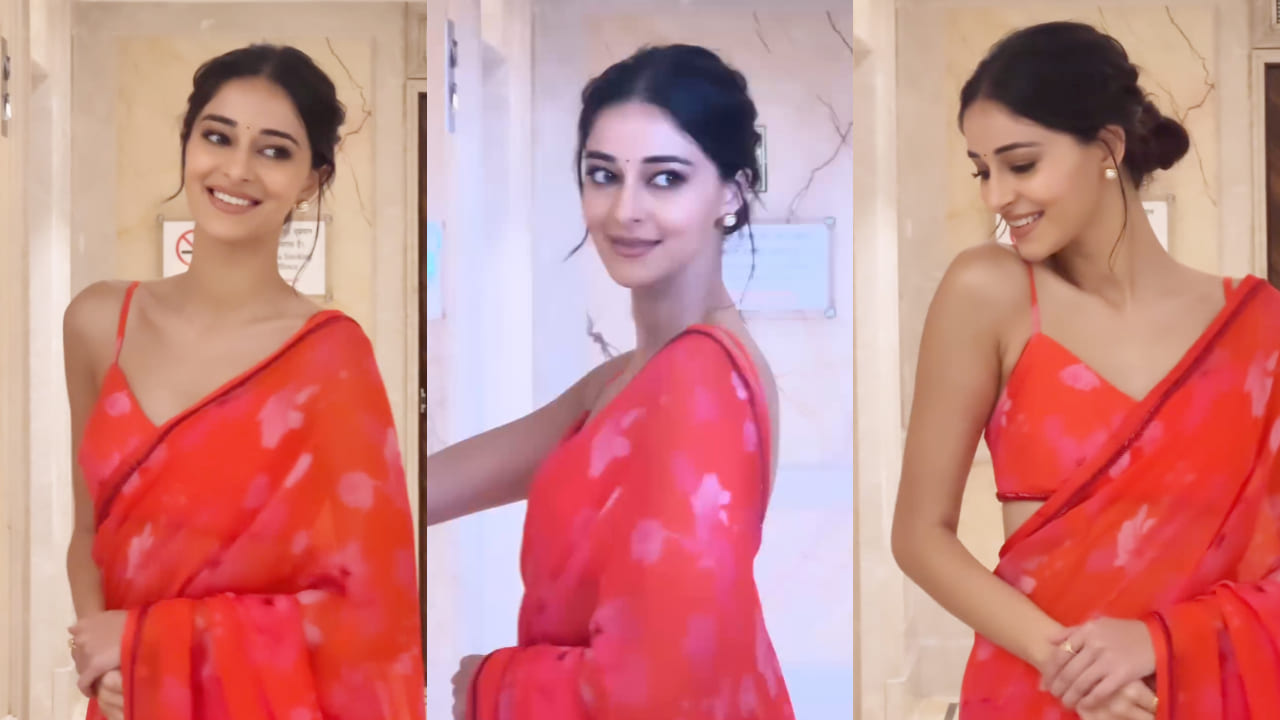 Ananya Panday in red saree with messy bun hair and makeup