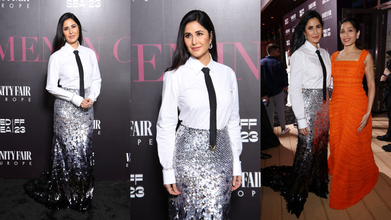 Katrina Kaif in white shirt black tie look and sequined skirt
