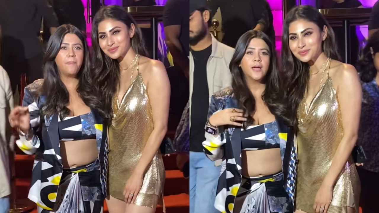 Mouni Roy’s sexy gold sequinned mini-dress with a plunging neckline is made for New Year’s Eve parties (PC: Viral Bhayani, Manav Manglani)