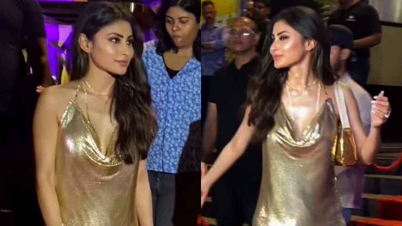 Mouni Roy Spot in sexy gold sequinned mini-dress with a plunging neckline is made for New Year’s Eve parties