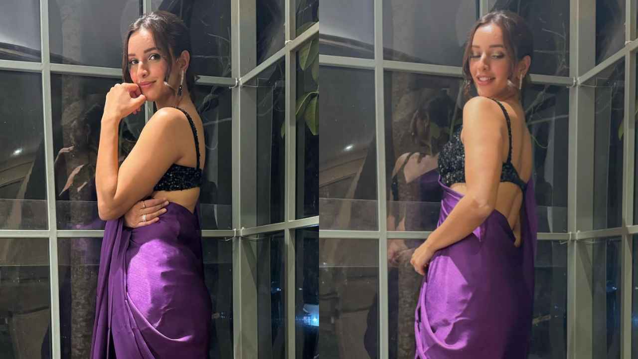 Tripti Dimri Spoted in Purple Satin Saree With a Bold Embellished Blouse