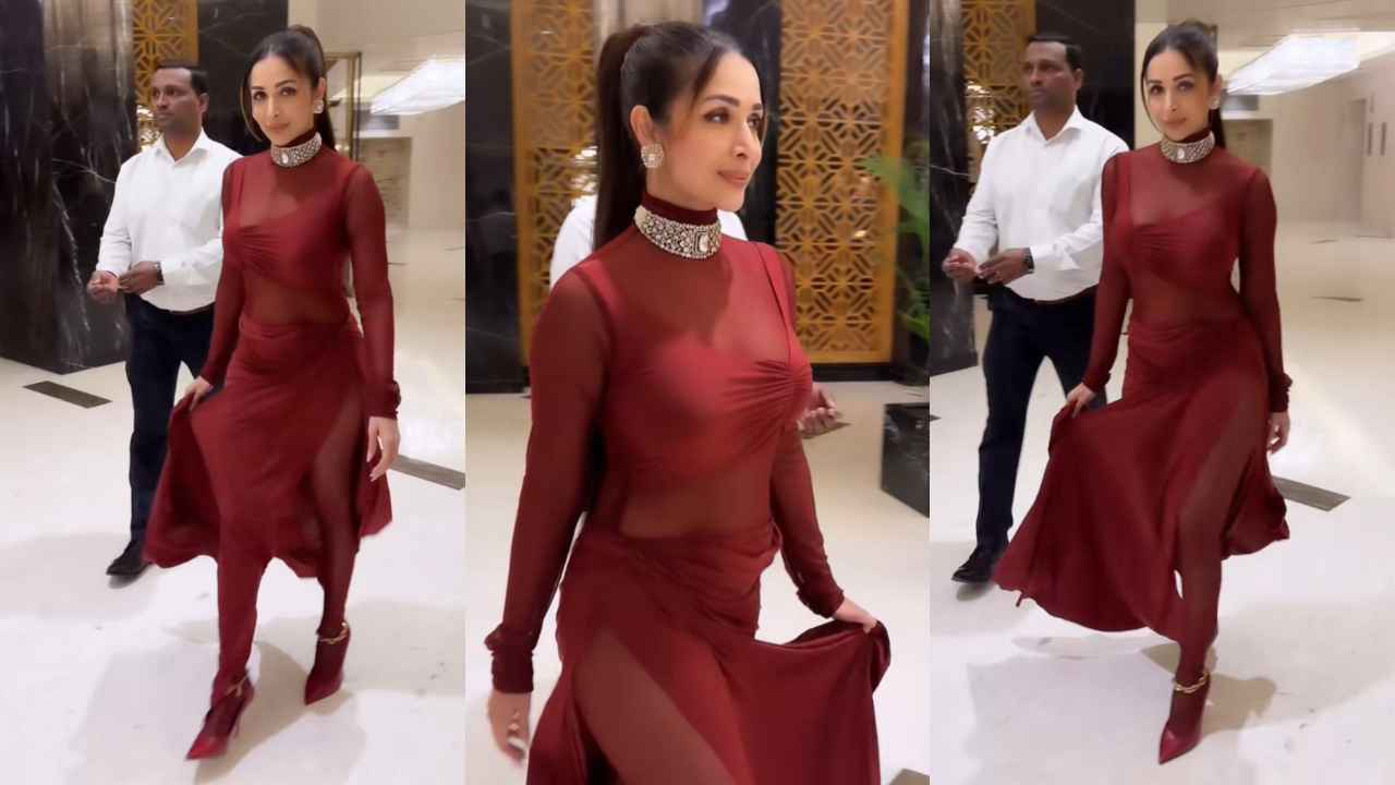 Malaika Arora is bringing sexy back in Rs. 19,500 fitted cherry red sheer floor-length gown with lycra pants | PINKVILLA