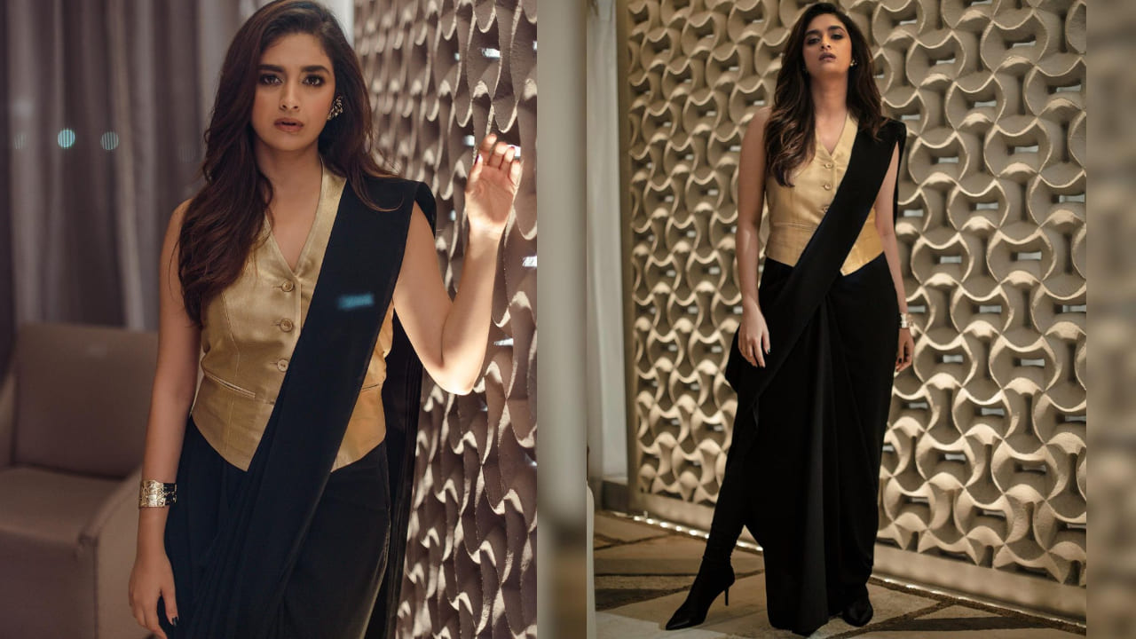 Keerthy Suresh fusion saree look Keerthy Suresh fusion saree look