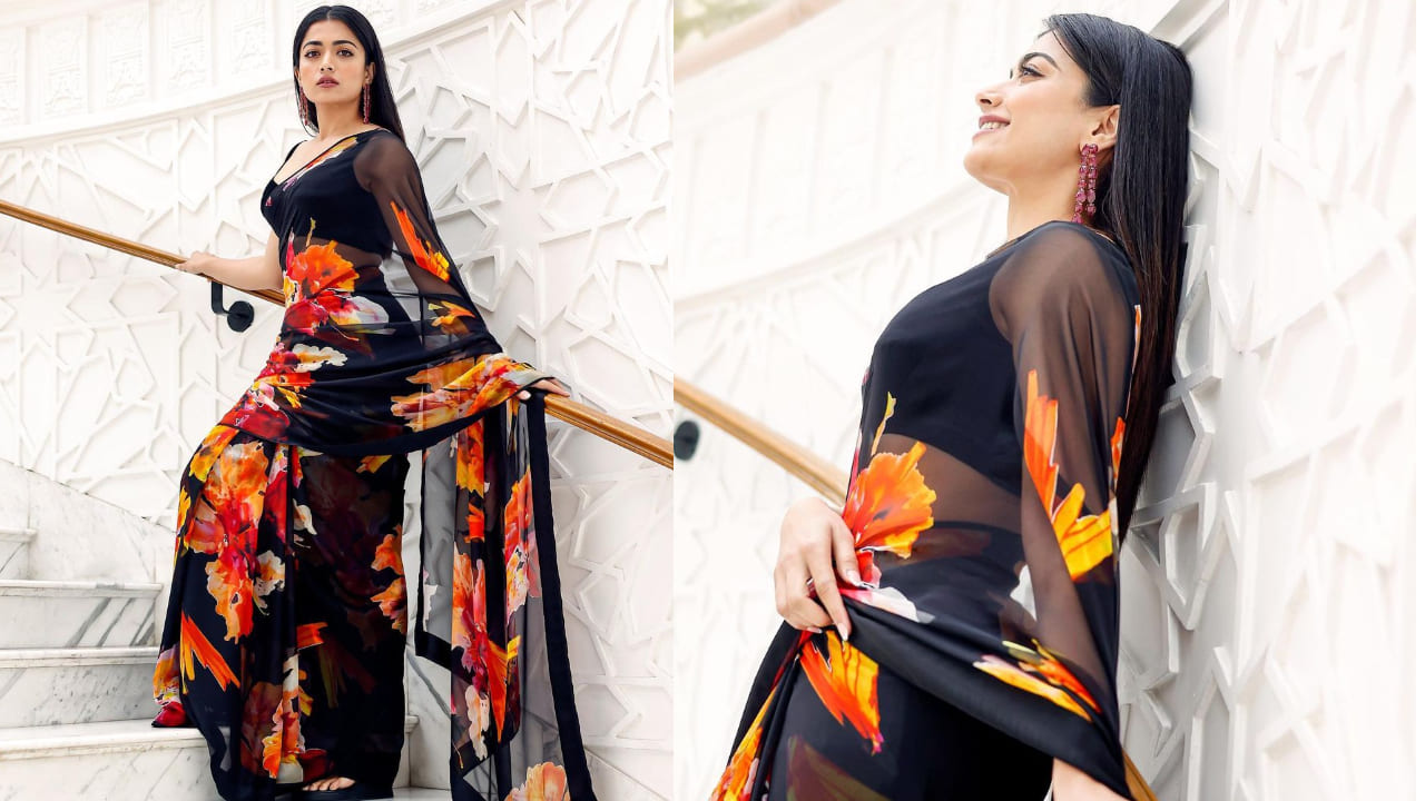 Rashmika Mandanna floral saree look Rashmika Mandanna floral saree look