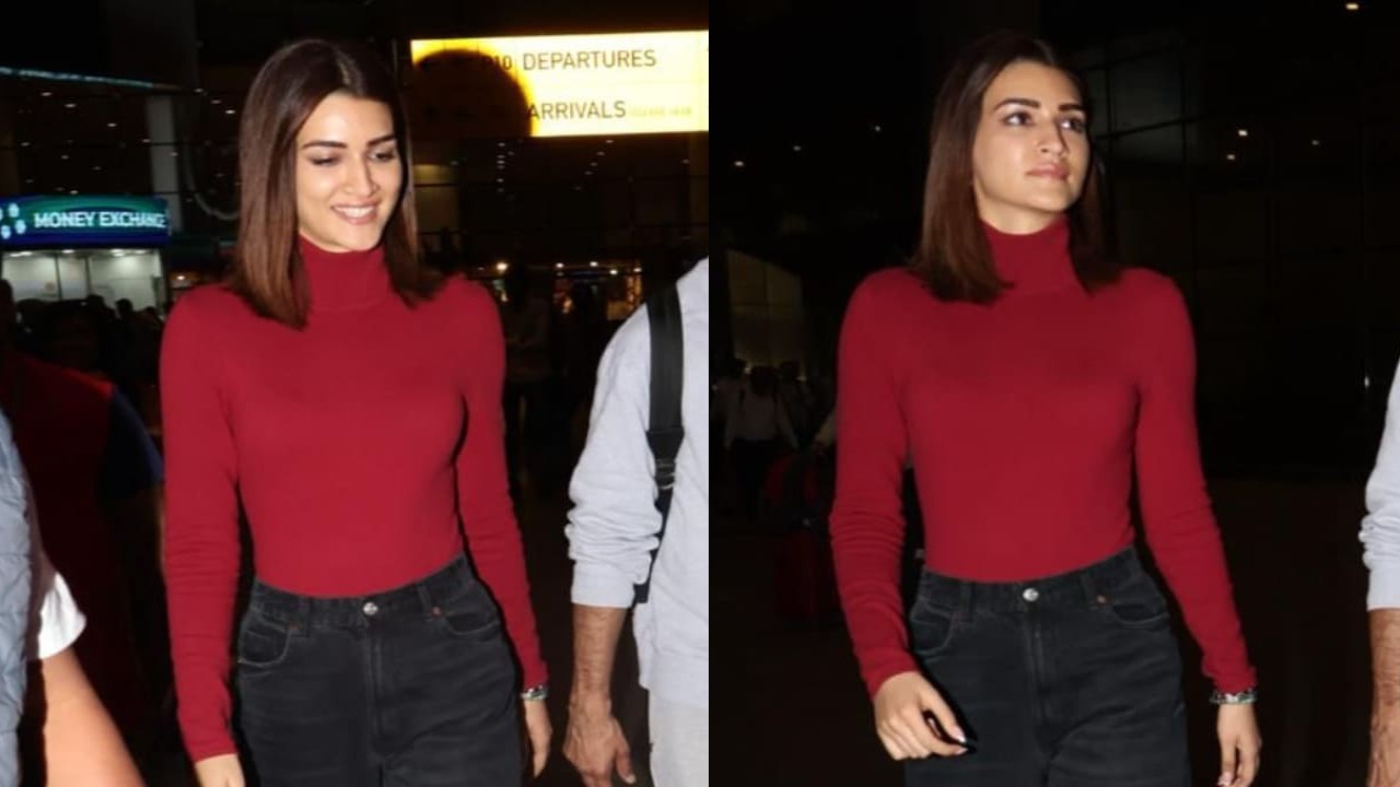 Kriti Sanon's airport look in a red turtleneck bodysuit and black denim jeans is all about class