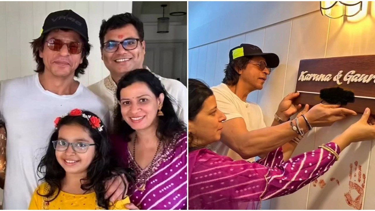 Shah Rukh Khan sets up nameplate with producer Gaurav Verma's family at their new house inauguration; VIRAL pics