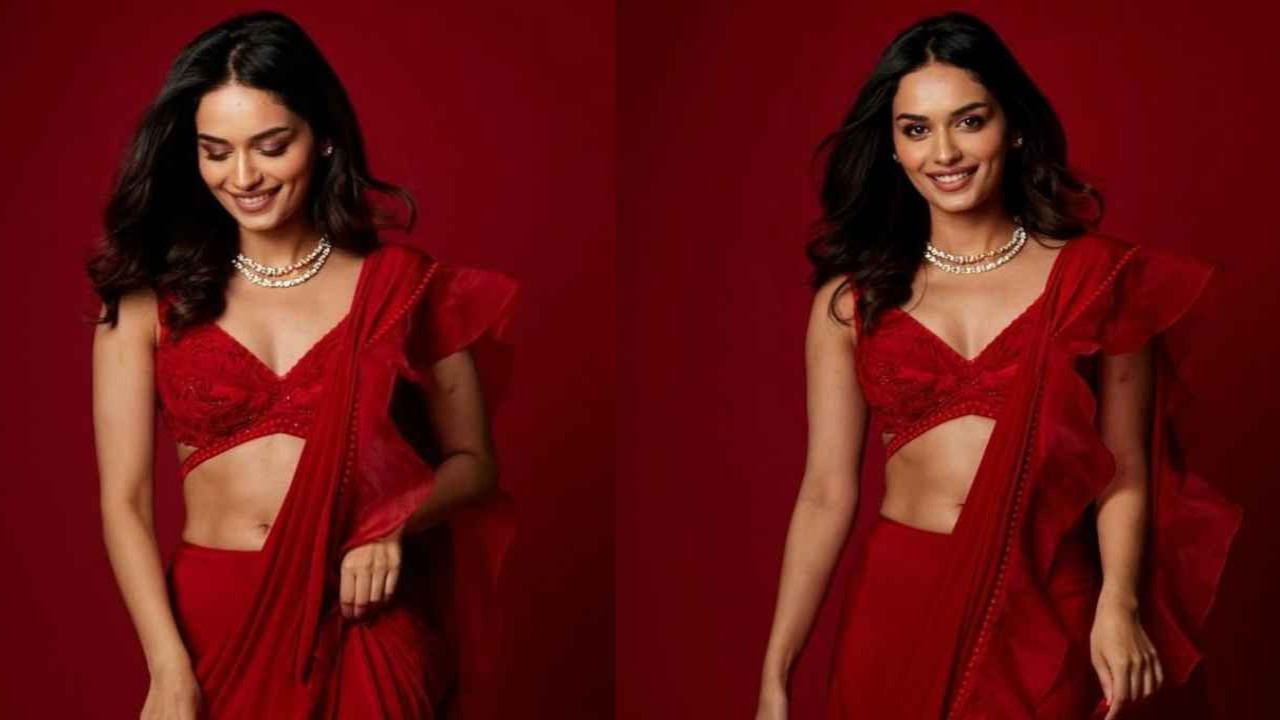 Manushi Chhillar modernizes her ruffled red saree with a matching embroidered bralette 