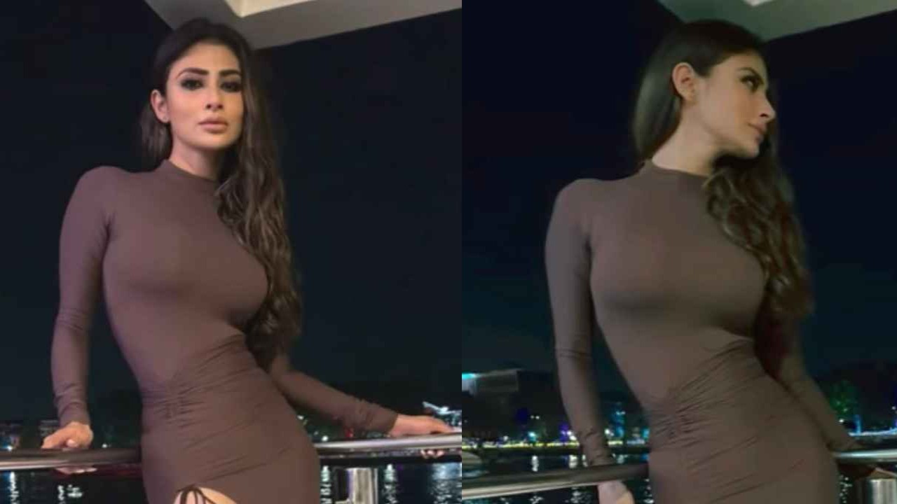 Mouni Roy wears a fitted brown maxi dress with a side slit and it’s all things hot and classy
