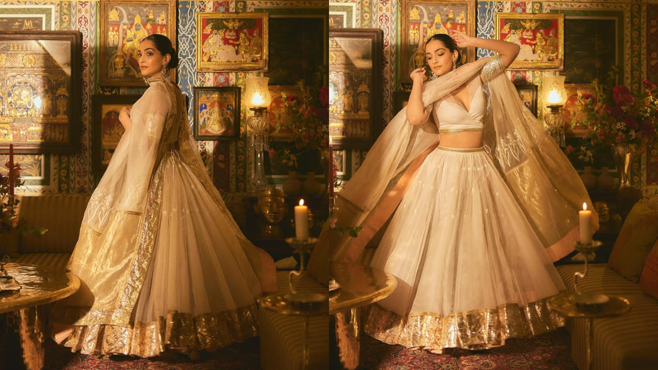 Sonam Kapoor in cream lehenga set full look