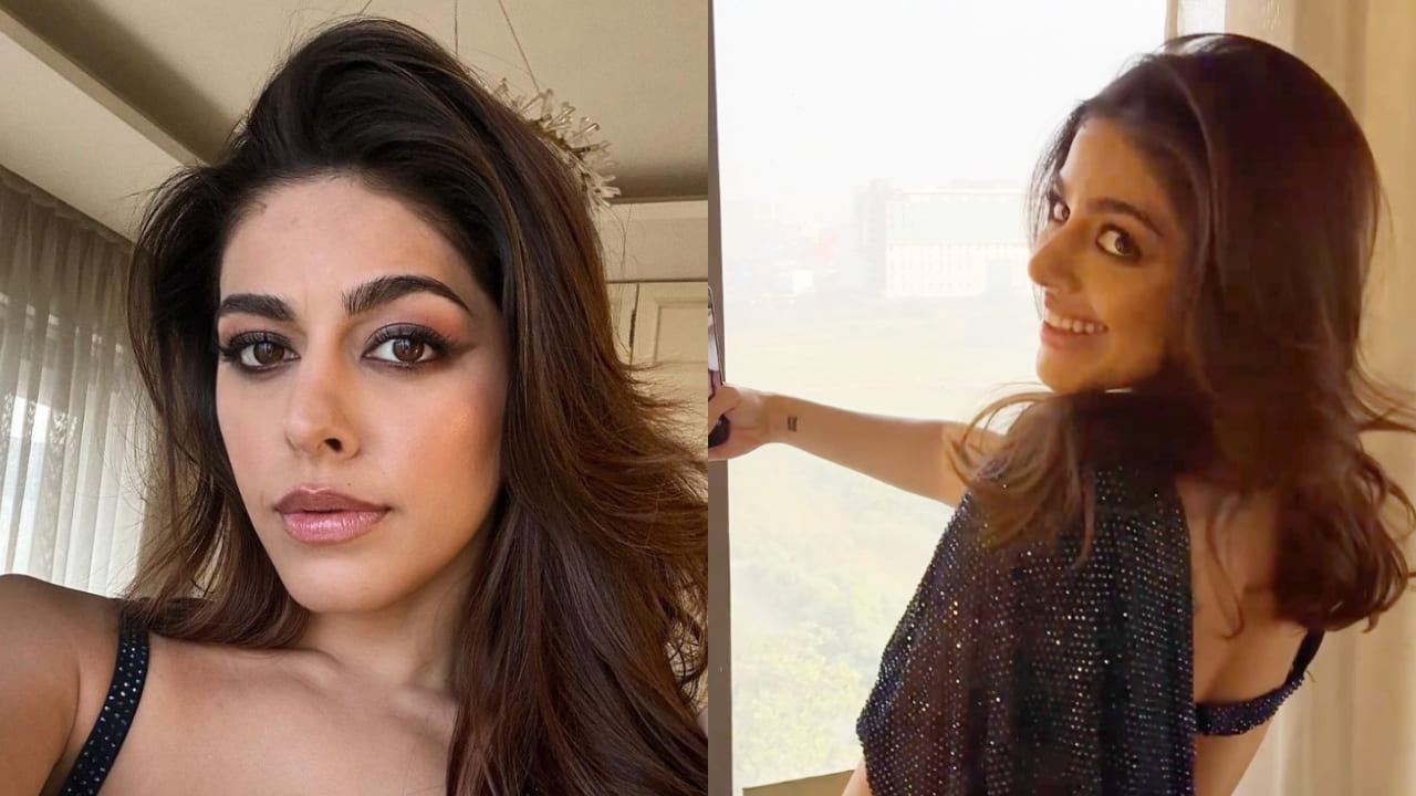 Alaya F in crystal embellished black saree and makeup