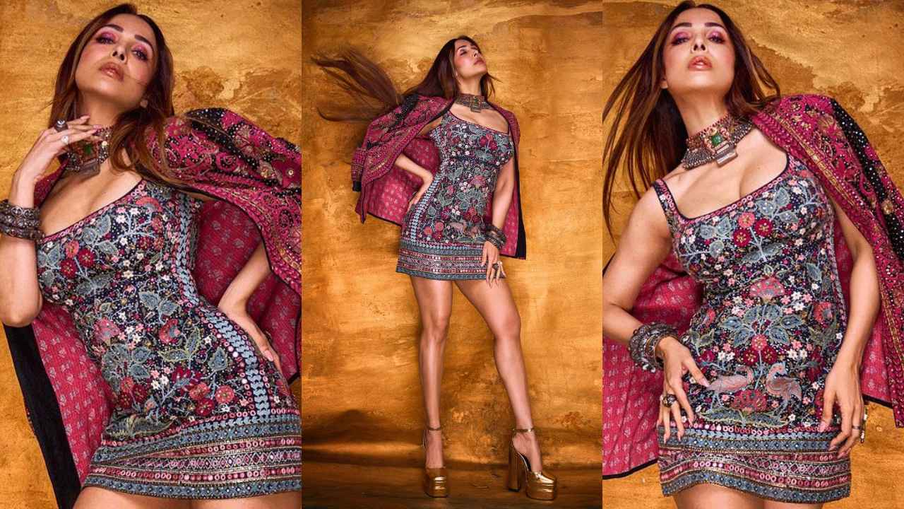 Malaika Arora is TOO HOT TO HANDLE in Anita Dongre’s embroidered dress with a wilderness-inspired jacket (PC: Maneka Harisinghani Instagram)