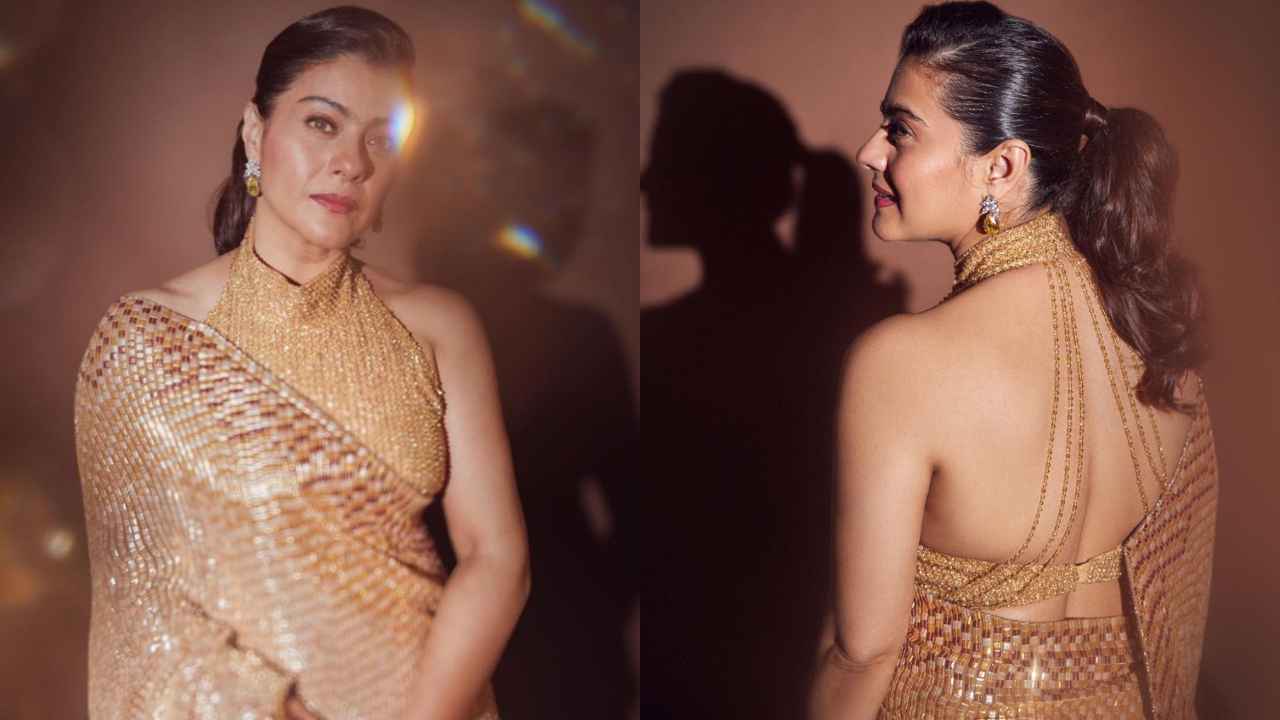 Check out Kajol's Pretty Look in a Beautiful Golden Saree with a Halter-Neck Blouse, Designed By Manish Malhotra dress