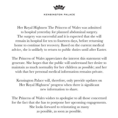 Kensington Palace announcement about Kate's health issue (Instagram) Kensington Palace announcement about Kate's health issue (Instagram)