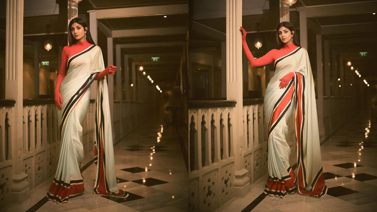 Shilpa Shetty's Desi Look In Full Sleeve Red Blouse With Printed Saree