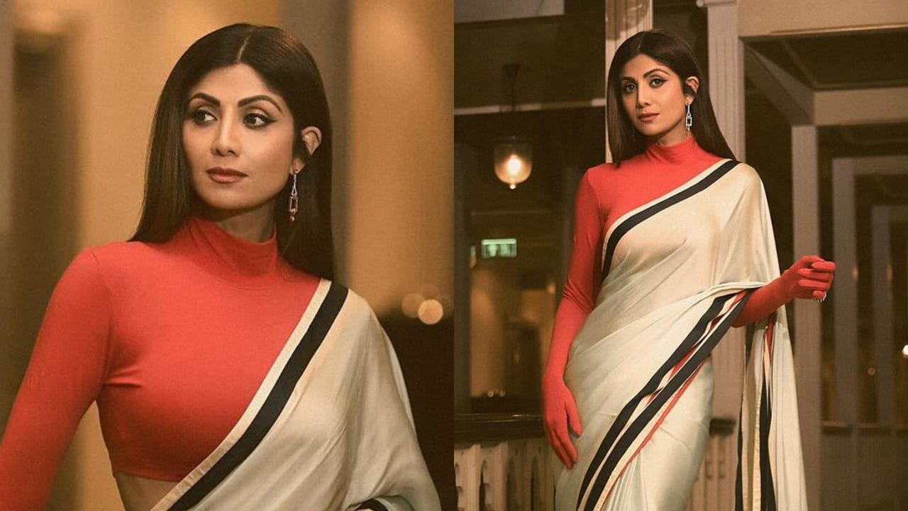 Shilpa Shetty's Desi Look In Full Sleeve Red Blouse With Printed Saree