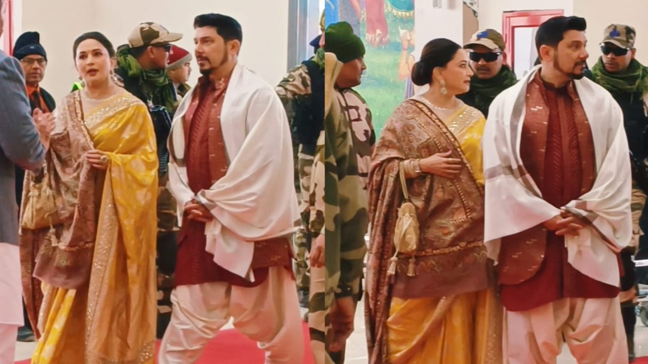 Madhuri Dixit SLAYS in a ladoo peela-hued saree with shimmering golden borders for Ram Mandir's inauguration