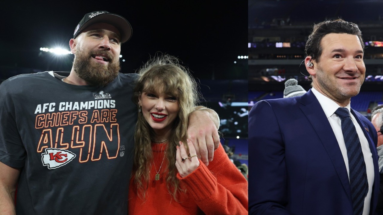 Watch: Taylor Swift Finally Chats Up Tony Romo After NFL Commentator Repeatedly Calls Her Travis Kelce’s Wife